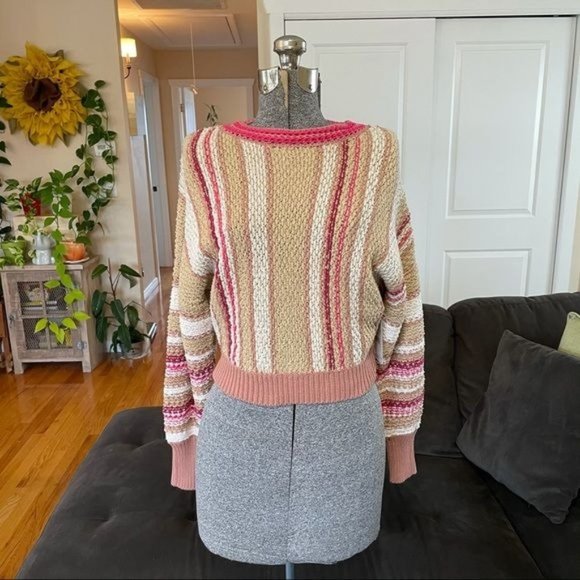 FREE PEOPLE KNIT CROP TOP STRIPED KNIT TAN WHITE AND PINK SWEATER NWT - Picture 1 of 11